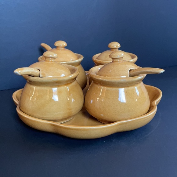 Vintage Ceramic Condiment Salsa Set Tray Jars Spoons - Picture 5 of 15